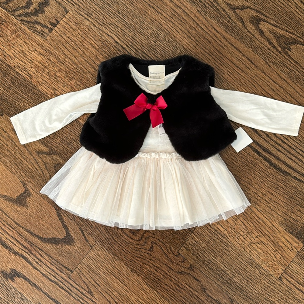 NWT First Impressions SZ 0-3M white dress with gauzy skirt and Black faux fur
